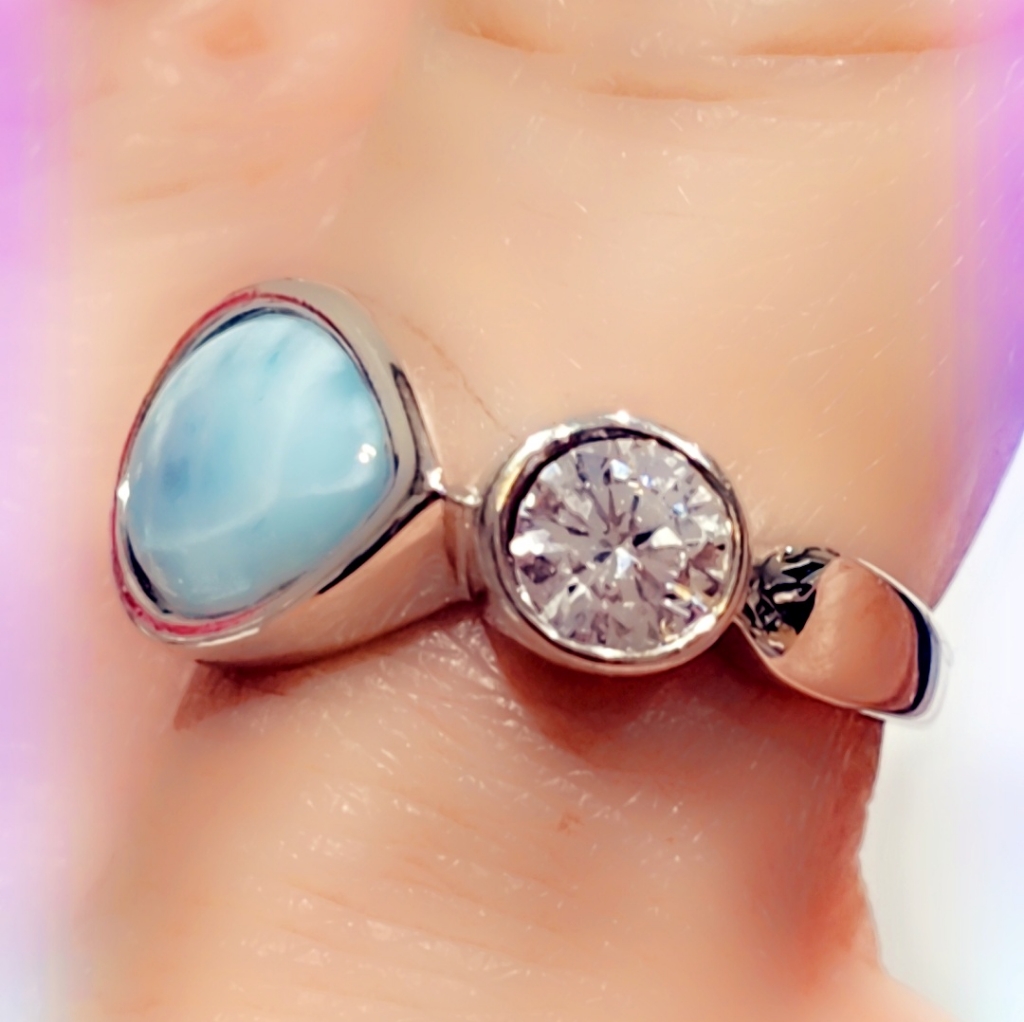 Larimar & Cz Sterling Silver Gemstone Ring